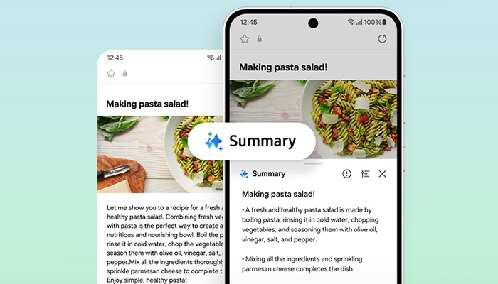 Due smartphone mostrano ricetta per insalata di pasta. Uno ha un riepilogo evidenziato. Testo e immagini di cibo visibili.