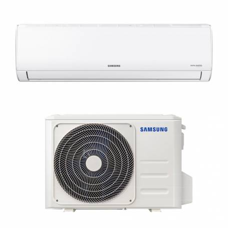 Condizionatore Samsung bianco. Unit� interna rettangolare sopra l'unit� esterna con ventola circolare.