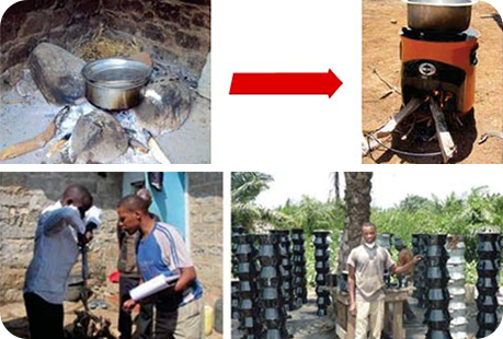 Collage che mostra il passaggio da fuoco a legna a fornello efficiente, produzione e uso sul campo.