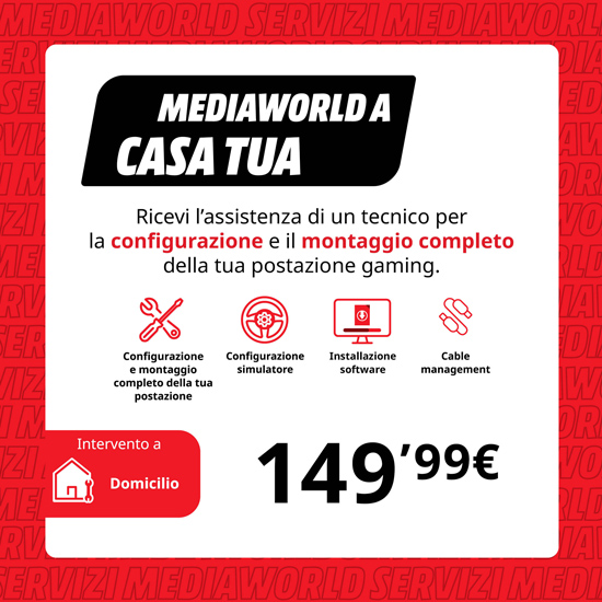 Offerta Mediaworld: Assistenza tecnica per configurazione gaming a 149,99€. Servizi inclusi: montaggio, simulatore, installazione software, cable management.