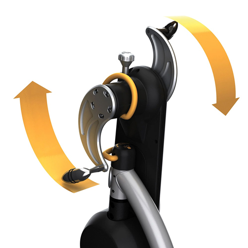 Struttura nera e argento con anelli gialli e frecce che indicano il movimento. Meccanismo girevole.