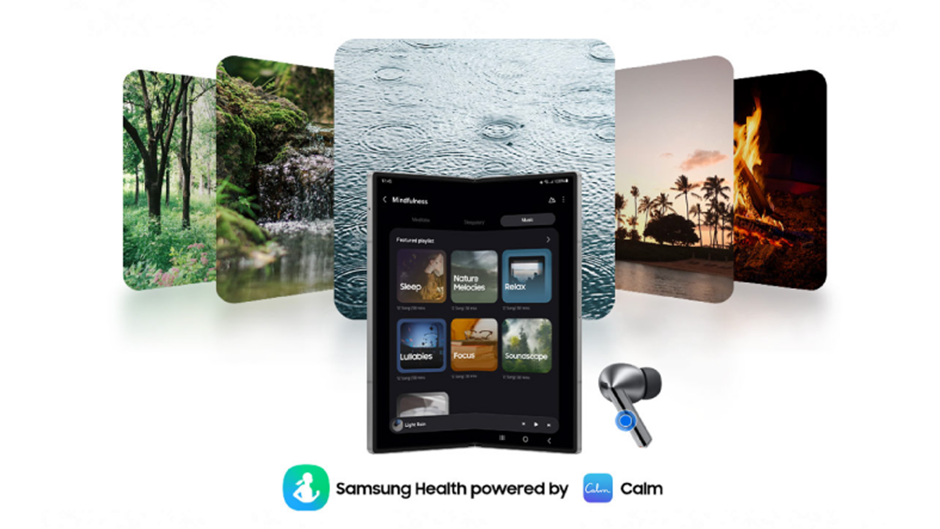Un telefono pieghevole mostra un'app di mindfulness con immagini di foreste, pioggia e fuoco. Accanto ci sono auricolari grigi.