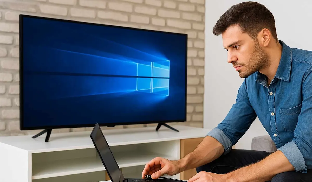 ragazzo che collega un notebook alla tv