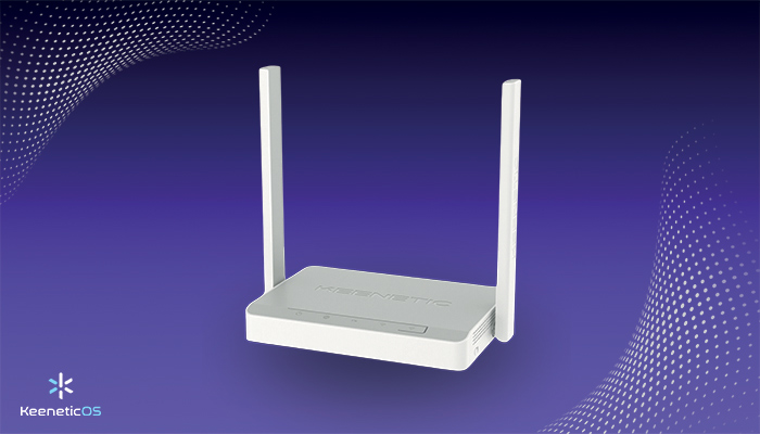 Router bianco con due antenne su sfondo blu con motivo a pois.