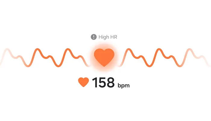 Battito cardiaco visualizzato come linea ondulata arancione, con cuore arancione e "158 bpm" su sfondo bianco.