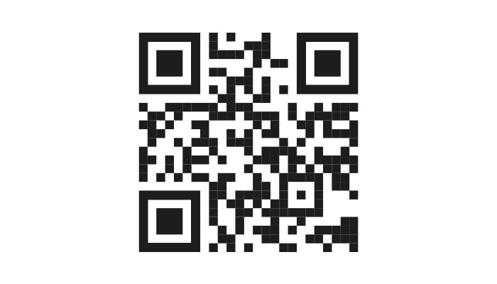 Codice QR nero su sfondo bianco. Tre quadrati neri con bordi più larghi posizionati agli angoli.