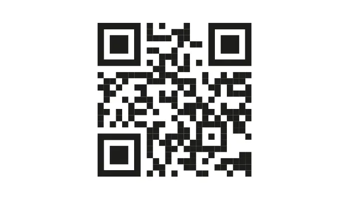 Codice QR nero su sfondo bianco. Tre quadrati neri con bordi più larghi posizionati agli angoli.