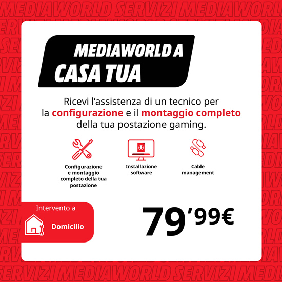 Offerta Mediaworld: assistenza tecnica per configurazione e montaggio postazione gaming a 79,99€. Servizio a domicilio.