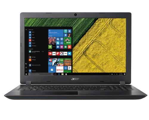 Un computer portatile nero mostra il desktop con icone e uno sfondo di un campo giallo e verde.