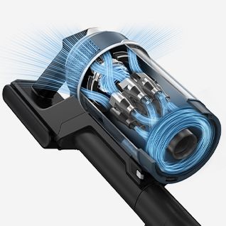 Aspirapolvere nero con sezione trasparente che mostra componenti interni e flusso d'aria blu.