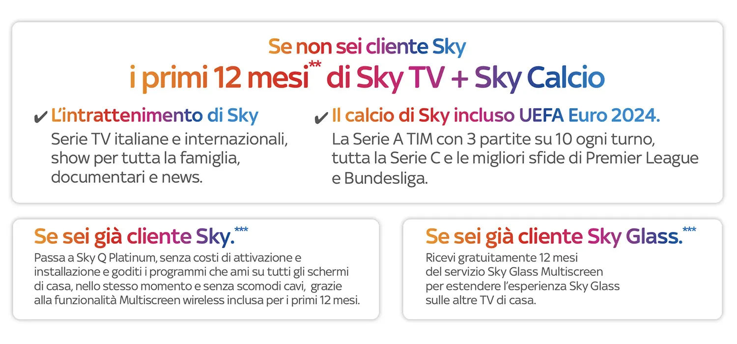 Offerte Sky su sfondo bianco: promozioni per nuovi clienti con Sky TV e Sky Calcio, e vantaggi per clienti Sky e Sky Glass.