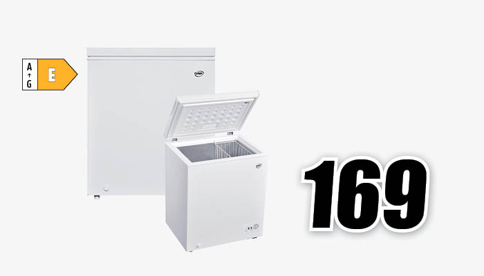 Due congelatori bianchi, uno aperto, e un'etichetta energetica gialla. Sul lato, il numero "169" in nero.