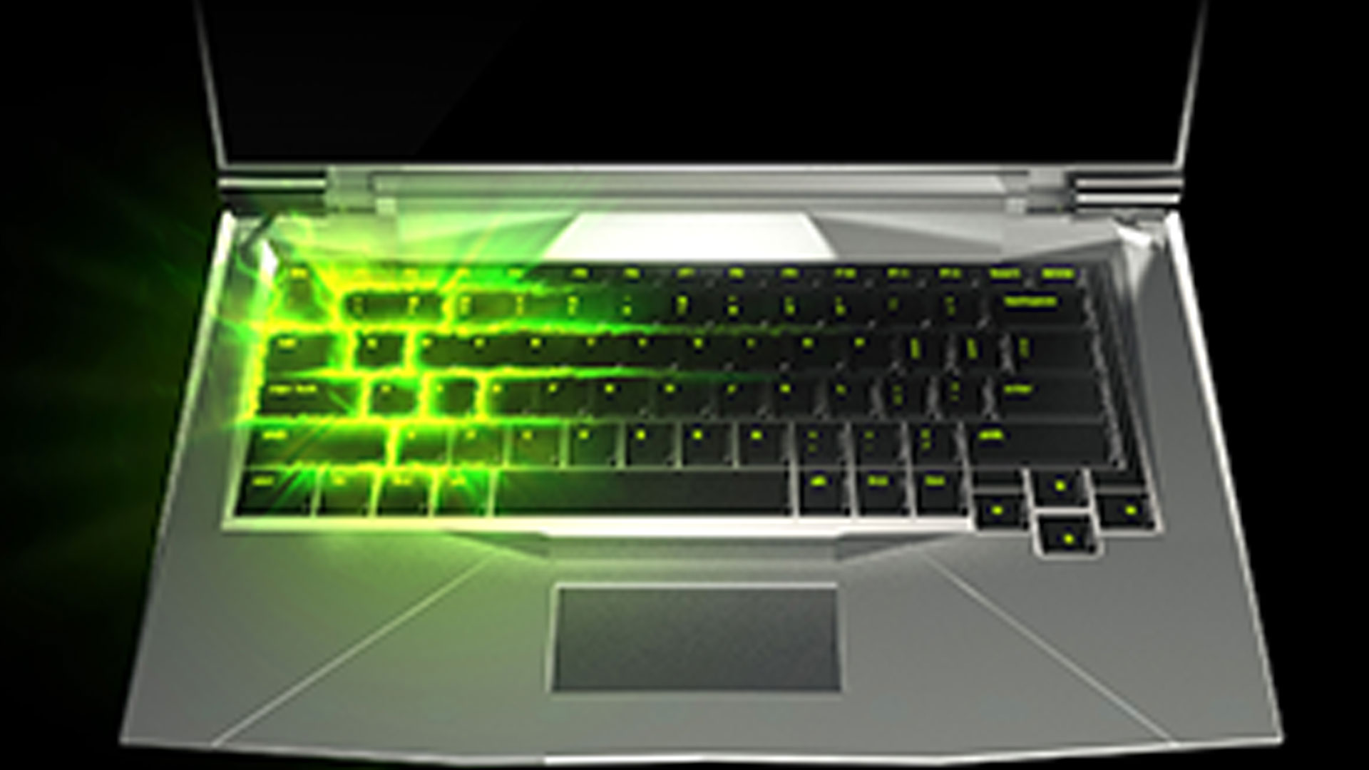 Un computer portatile aperto mostra una tastiera retroilluminata di colore verde su uno sfondo nero.