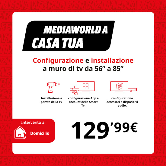 Banner pubblicitario per servizi Mediaworld: installazione TV a muro e configurazione a 129,99 euro.