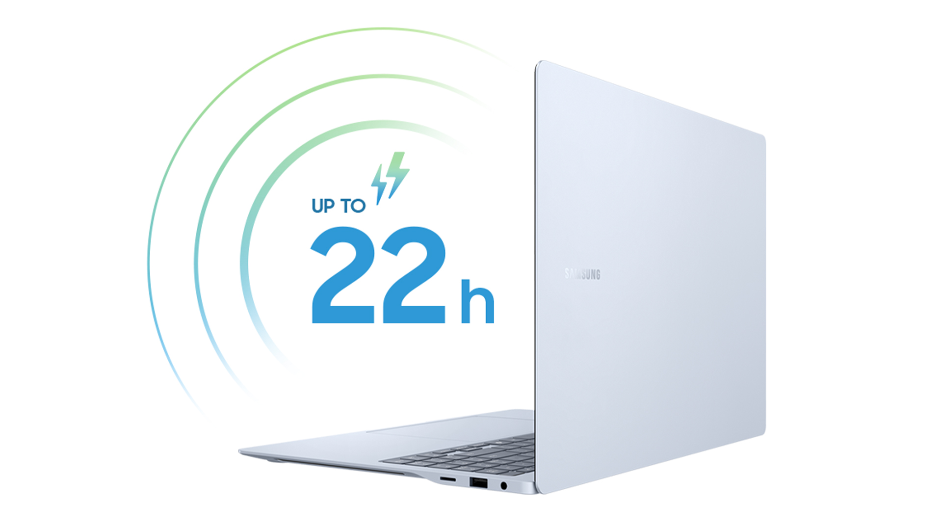 Un laptop aperto, grigio chiaro, visto lateralmente con testo blu "fino a 22h" e cerchi verdi.