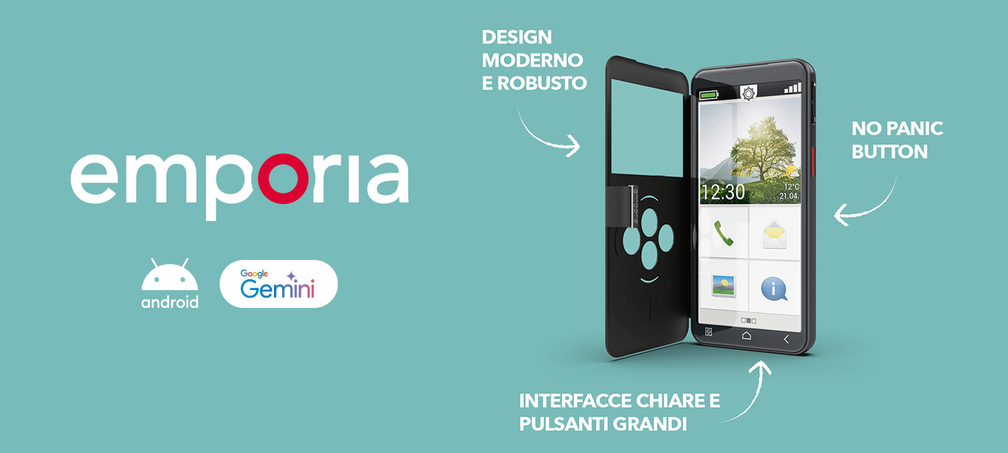 Telefono Emporia con caratteristiche principali e logo Emporia
