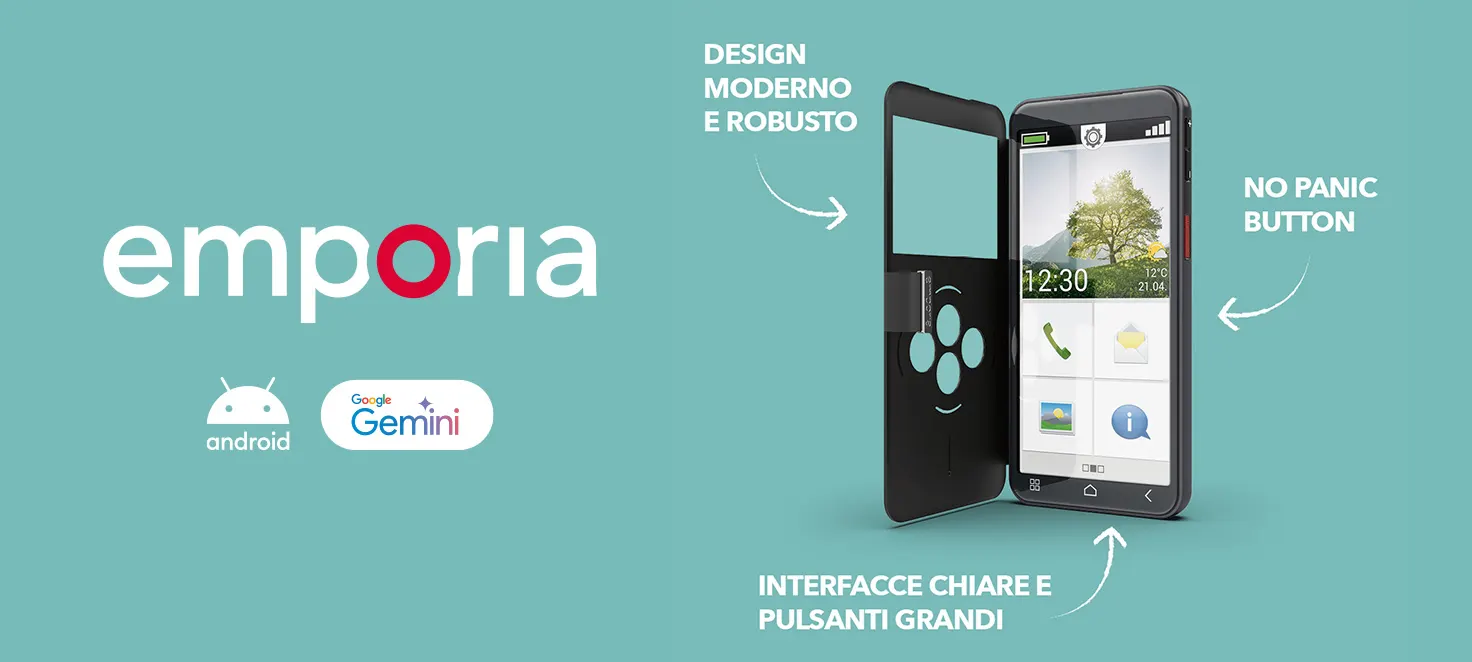 Telefono Emporia con caratteristiche principali e logo Emporia