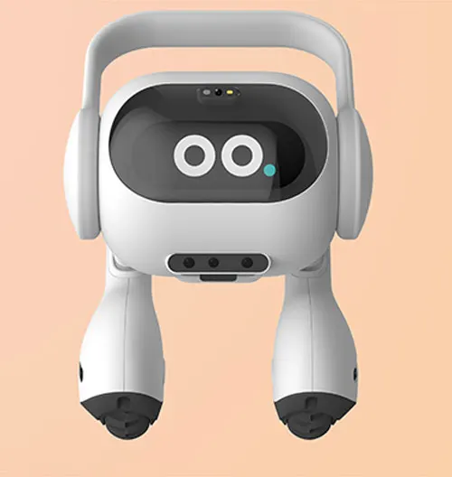 Un robot bianco con occhi tondi su sfondo pesca. Il robot ha una maniglia superiore e "gambe" che fungono da supporto.