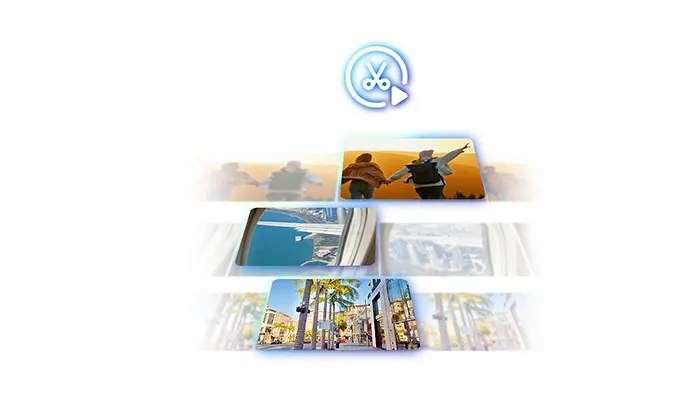 Logo con forbici sopra foto di persone, aereo e strada con palme.