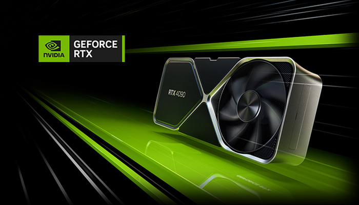 Logo NVIDIA GeForce RTX, scheda grafica RTX 4090 con ventola su sfondo nero e linee verdi.