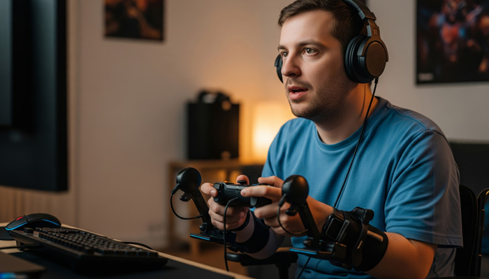 ragazzo mentre gioca ai videogames con attrezzatura per disabili