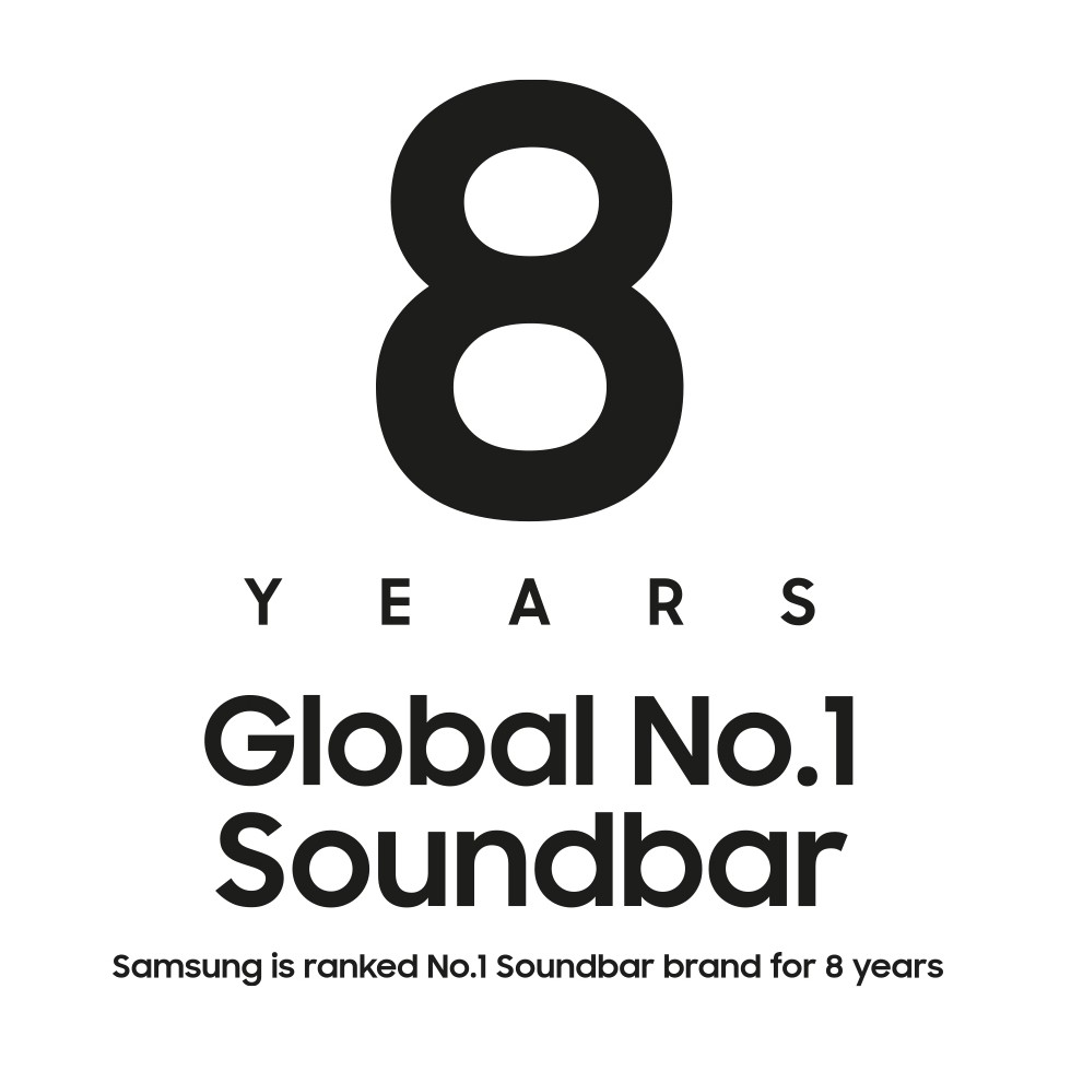 Testo nero su sfondo bianco con il numero 8 sopra la scritta "YEARS" e "Global No.1 Soundbar".