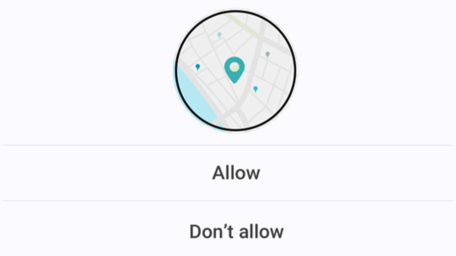 Interfaccia con cerchio nero che mostra una mappa stilizzata con segnaposto e due opzioni: "Consenti" e "Non consentire".