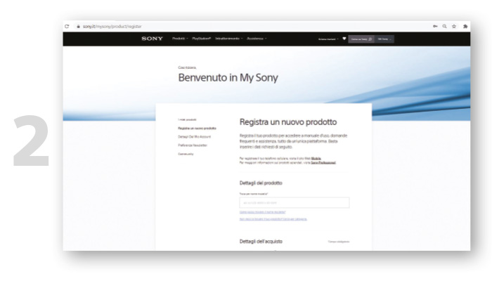 Pagina web "Benvenuto in My Sony" su uno schermo. La pagina offre la registrazione di un nuovo prodotto.