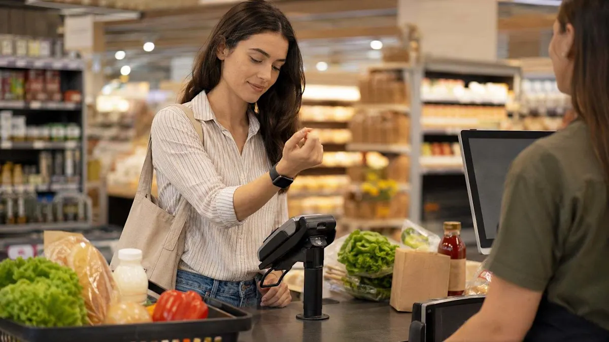 ragazza che usa l'NFC al supermercato