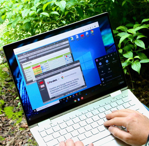 Un laptop aperto mostra finestre di software su uno sfondo blu e verde. Le mani digitano sulla tastiera bianca. Fogliame verde sullo sfondo.