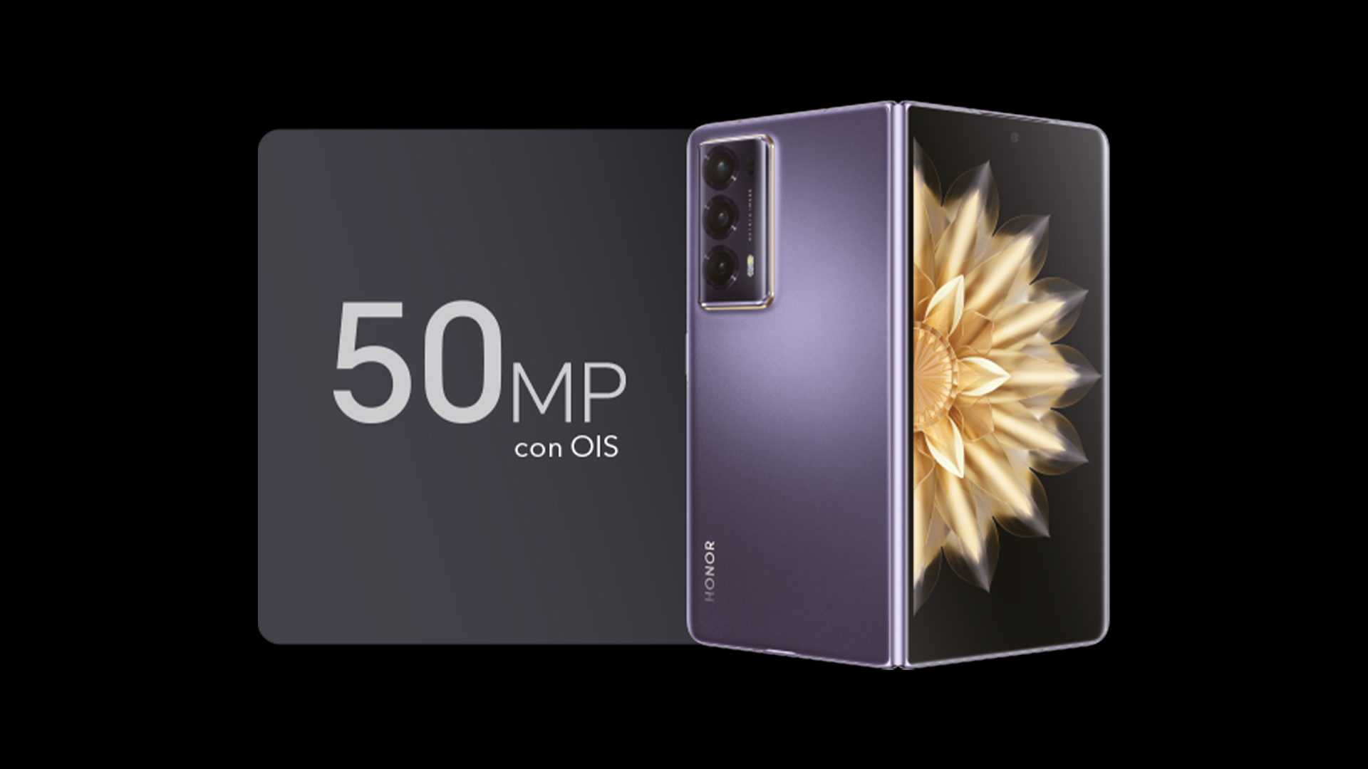 Telefono pieghevole viola con tripla fotocamera e schermo con grafica a fiori dorati. A sinistra, testo "50MP".