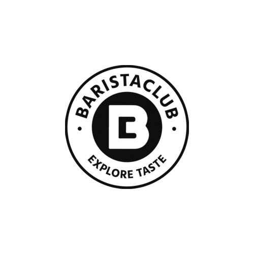 Logo rotondo in bianco e nero con la scritta "Barista Club", una "B" nel cerchio centrale e "Explore Taste" in basso.
