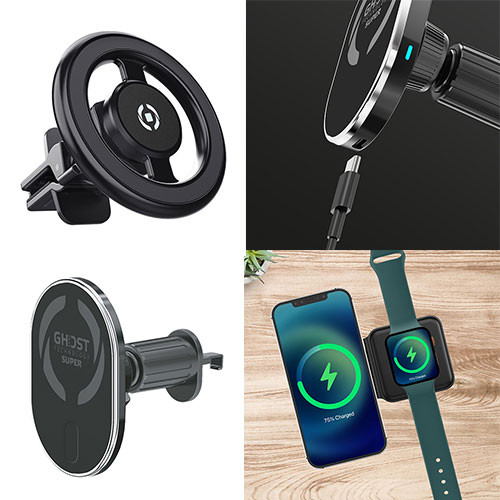 Quattro immagini mostrano supporti per auto e caricabatterie wireless per telefono e smartwatch.