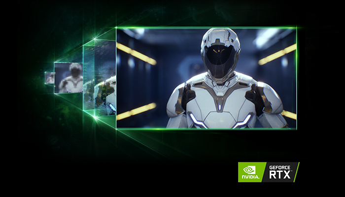 Astronauta bianco in tuta spaziale con sfondo scuro e luci gialle, logo Nvidia RTX verde in basso a destra.