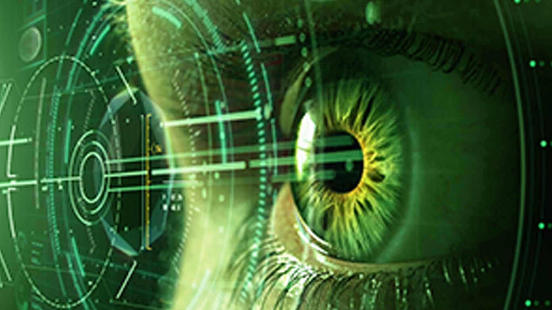 Occhio umano con sovrapposizioni grafiche verdi, che suggeriscono tecnologia avanzata e analisi visiva.