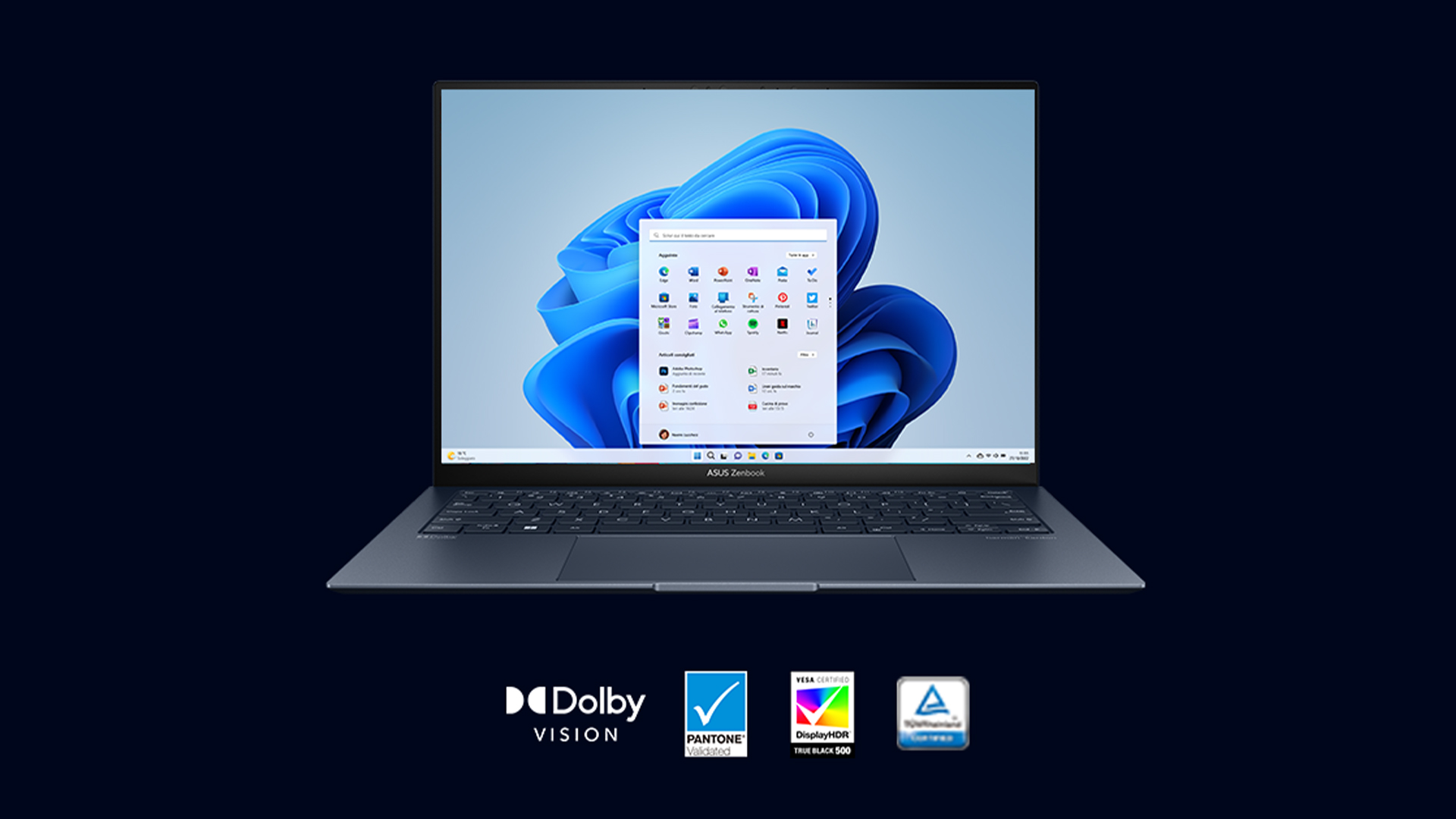 Un laptop aperto mostra il desktop di Windows su uno sfondo blu scuro. In basso, loghi Dolby, Pantone e DisplayHDR.
