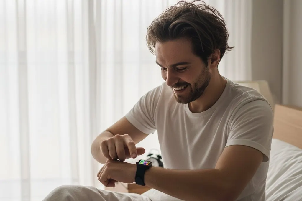 un uomo appena sveglio controlla il suo smartwatch