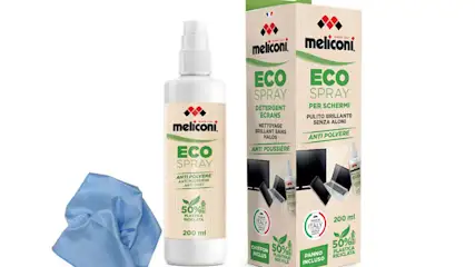 Flacone spray bianco 'Meliconi Eco' e scatola con panno blu, per la pulizia di schermi.