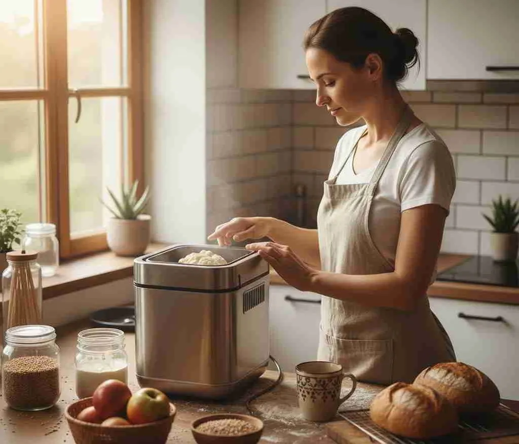 persona che prepara il pane con una macchina per il pane