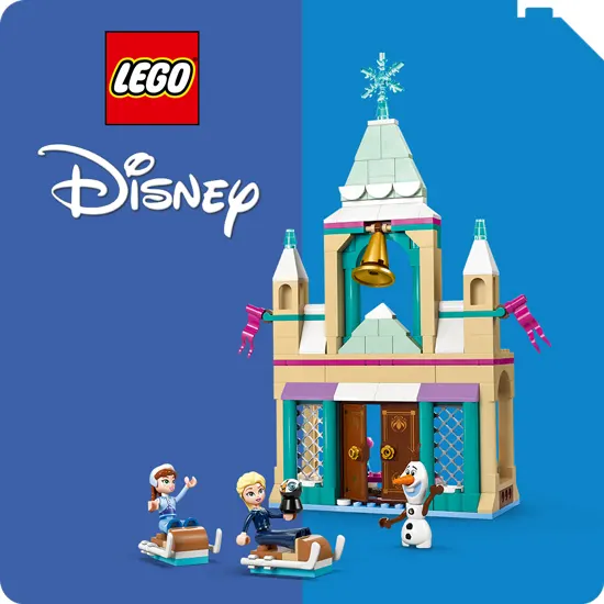 Due personaggi Lego: una principessa con una mela rossa e un ragazzo con un telescopio. Logo Lego e Disney in alto.