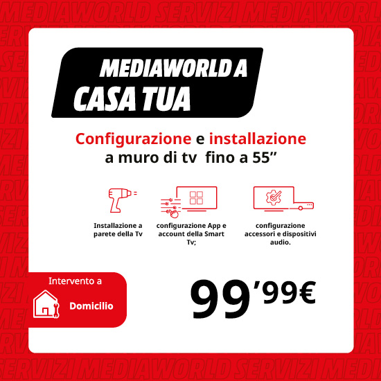 Annuncio MediaWorld per installazione TV: logo, testo "Configurazione e installazione a muro di tv fino a 50"", icone servizi e prezzo.
