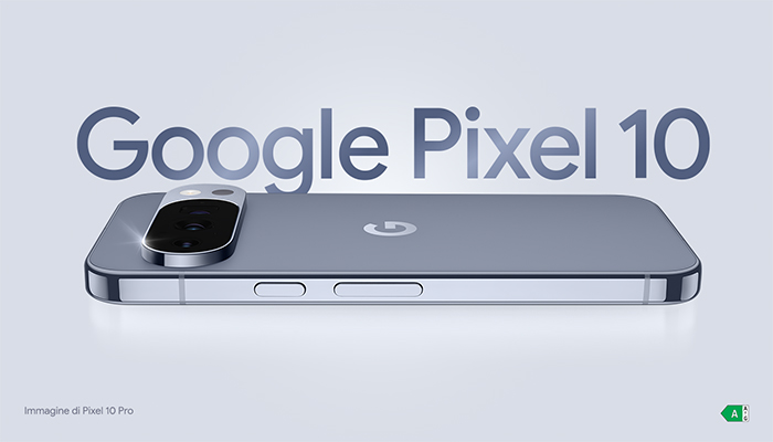 Telefono Google Pixel 10 su sfondo grigio/viola