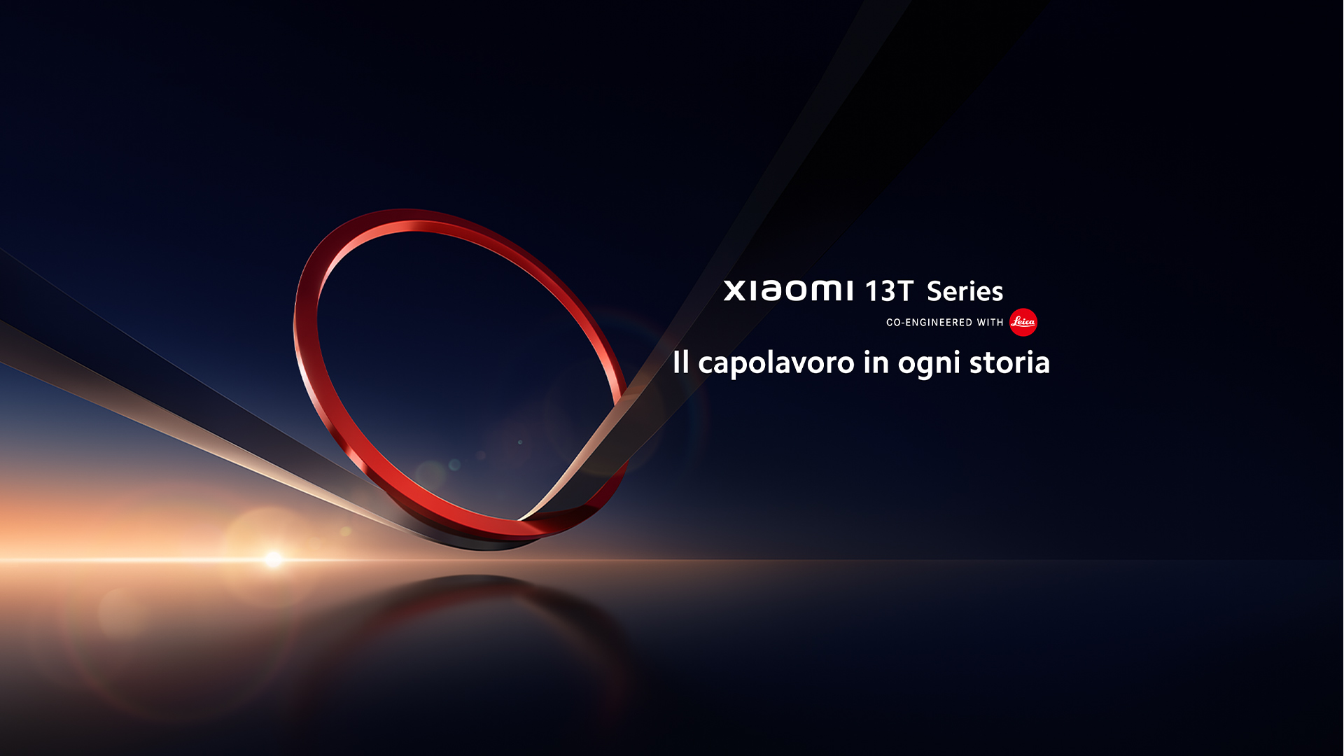 Sfondo scuro con anello rosso e raggi grigi. In basso, riflessi luminosi e testo "Xiaomi 13T Series".