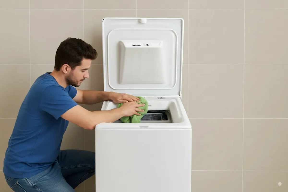 un uomo che pulisce l'interno della lavatrice slim