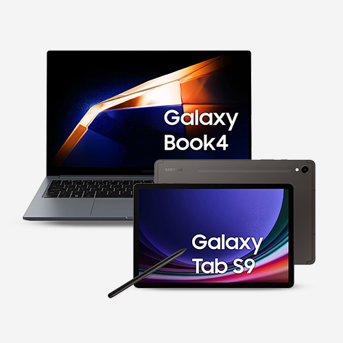 Un laptop aperto, un tablet e una penna su sfondo bianco. Gli schermi mostrano i loghi Galaxy Book4 e Galaxy Tab S9.