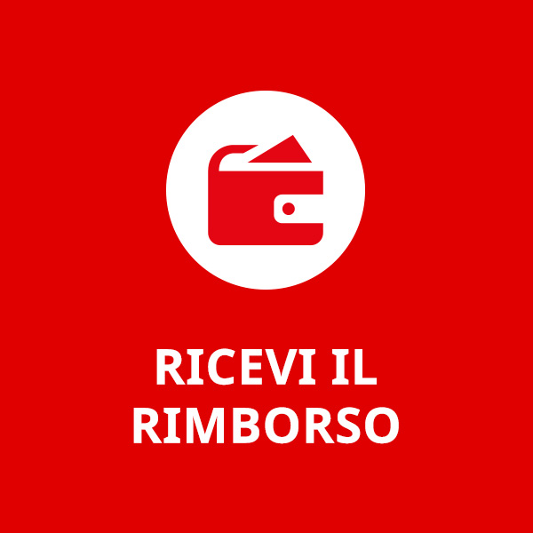 Sfondo rosso con testo bianco "RICEVI IL RIMBORSO" sotto un cerchio bianco con icona rossa di portafoglio.
