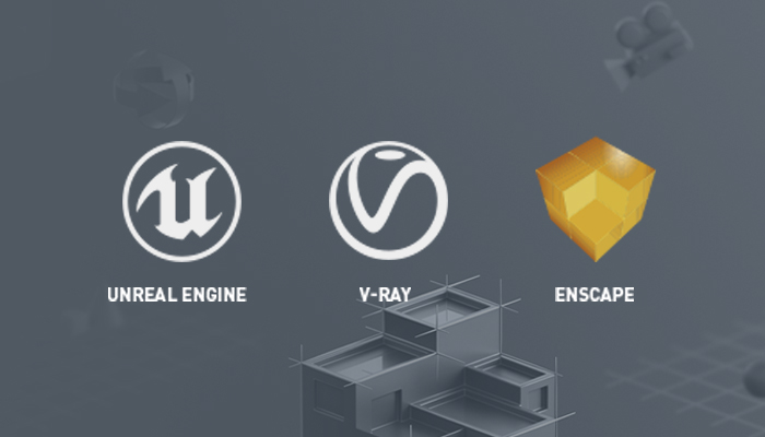 Logo di Unreal Engine, V-Ray e Enscape su sfondo grigio, con rendering architettonico in grigio in basso.