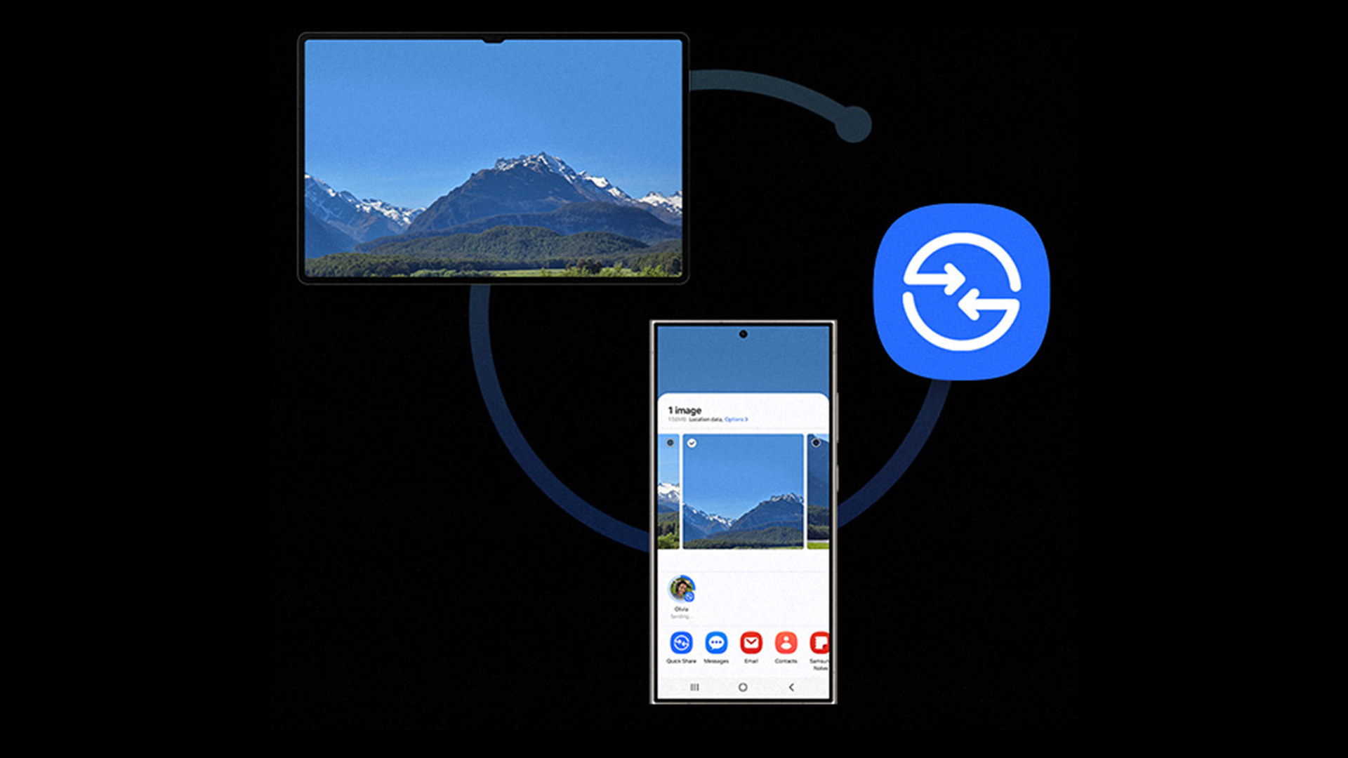 Tablet e telefono mostrano un paesaggio montano. Un'icona di trasferimento dati blu collega i dispositivi.