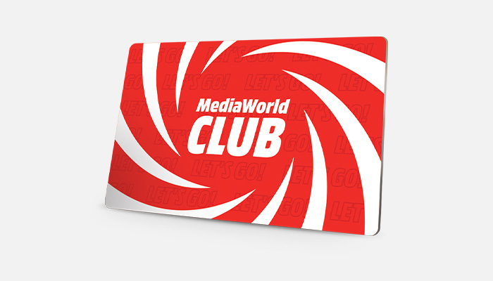 Carta MediaWorld Club rossa con spirali bianche su sfondo bianco.