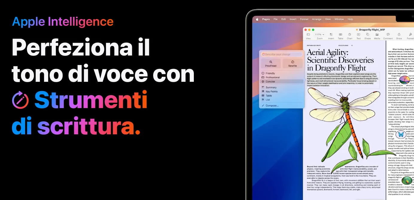 Pezzo di uno schermo di Ipad con un tab aperto di un giornale con la foto di una libellula. Testo con scritta: Apple Intelligence. Perfeziona il tono di voce con strumenti di scrittura.